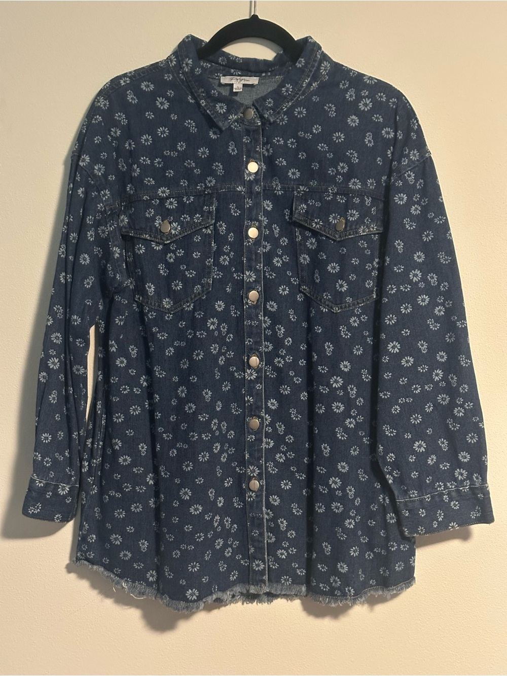Polagram Womens Large Floral Denim Shacket Shirt Jacket Frayed Hem NWOT